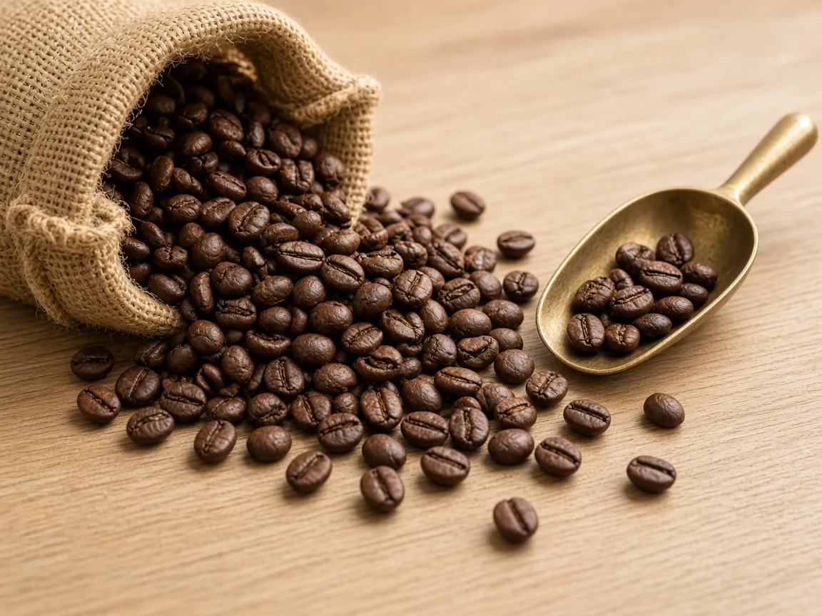 Freshly roasted coffee beans spilling from a burlap sack beside a brass scoop