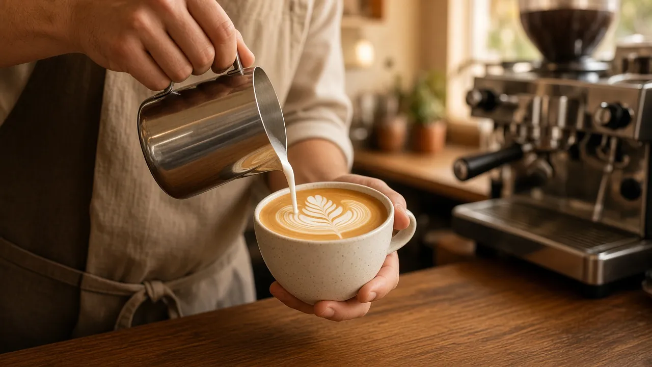 A barista pours a rosetta into a latte at the Ember & Oak counter