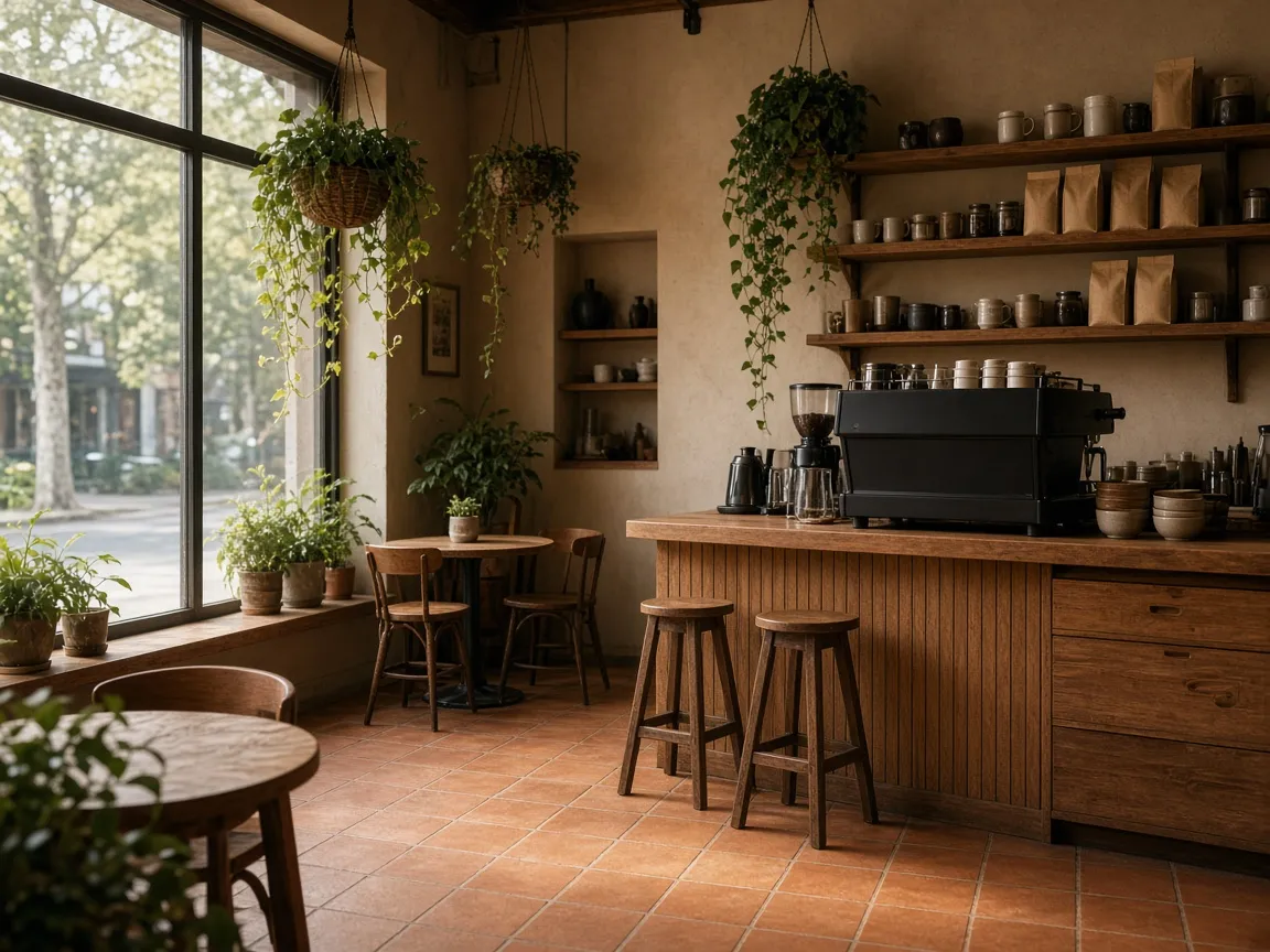 Sunlit café interior with wooden counter, hanging plants and terracotta floor