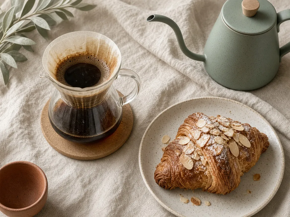 Pour-over carafe, green gooseneck kettle and an almond croissant on linen